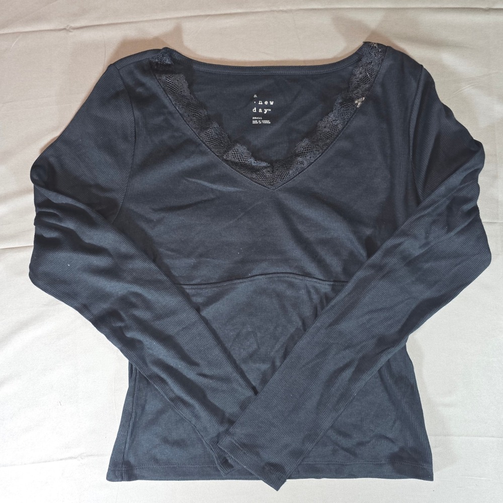 A New Day Black Ribbed Lace Trim V-Neck Long Sleeve Top Small NEW